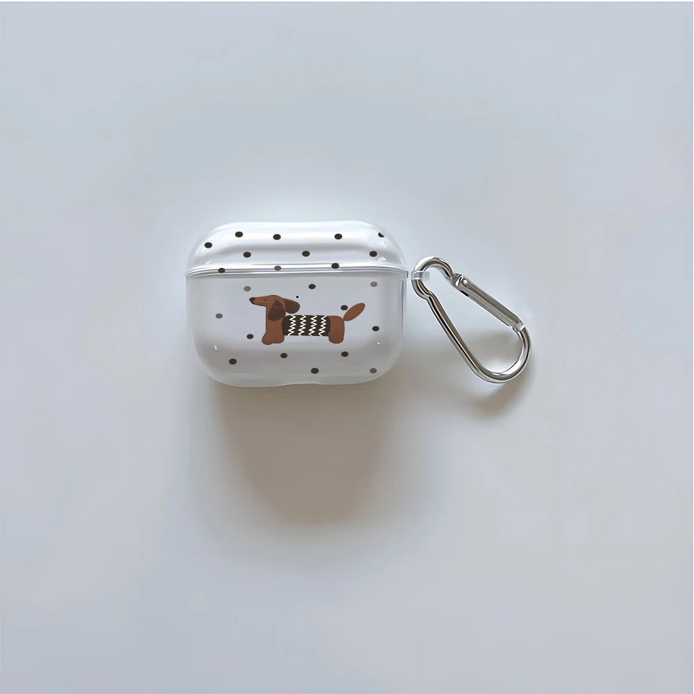 A white TPU case for AirPods decorated with a brown and black checkered dachshund design.
