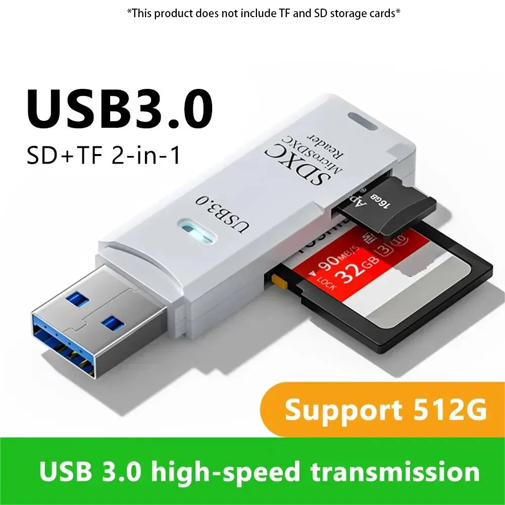 A white USB 3.0 adapter that functions as a SD and TF card reader, shown next to a memory card.