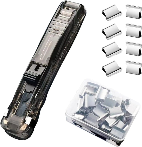A heavy duty push stapler with refill clips and a clear plastic container of staples.
