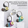 A set of titanium plating dynamic moving coil unit earphones in various colors displayed on white marble stands.