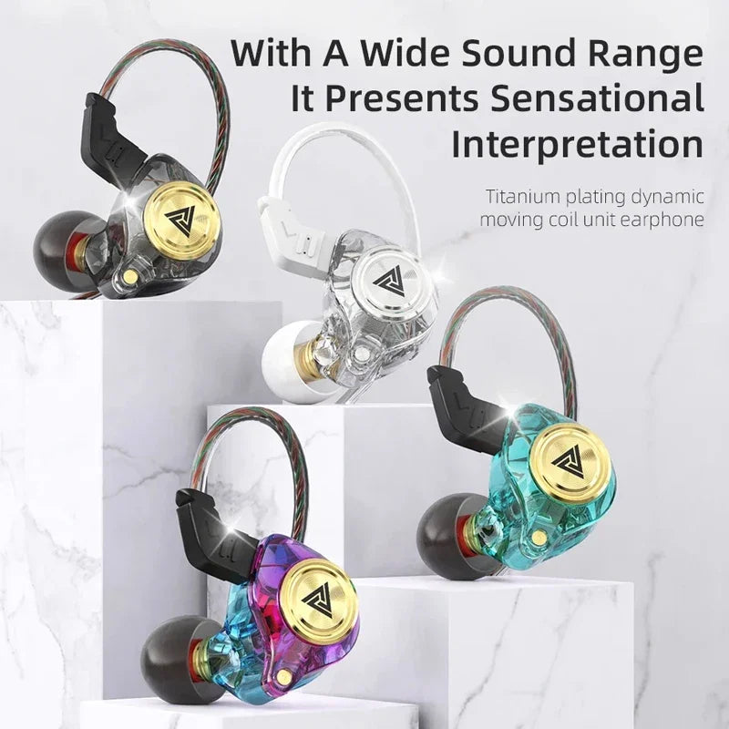 A set of titanium plating dynamic moving coil unit earphones in various colors displayed on white marble stands.