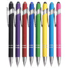 A row of black and colored metal stylus pens with ballpoint ink shown vertically.