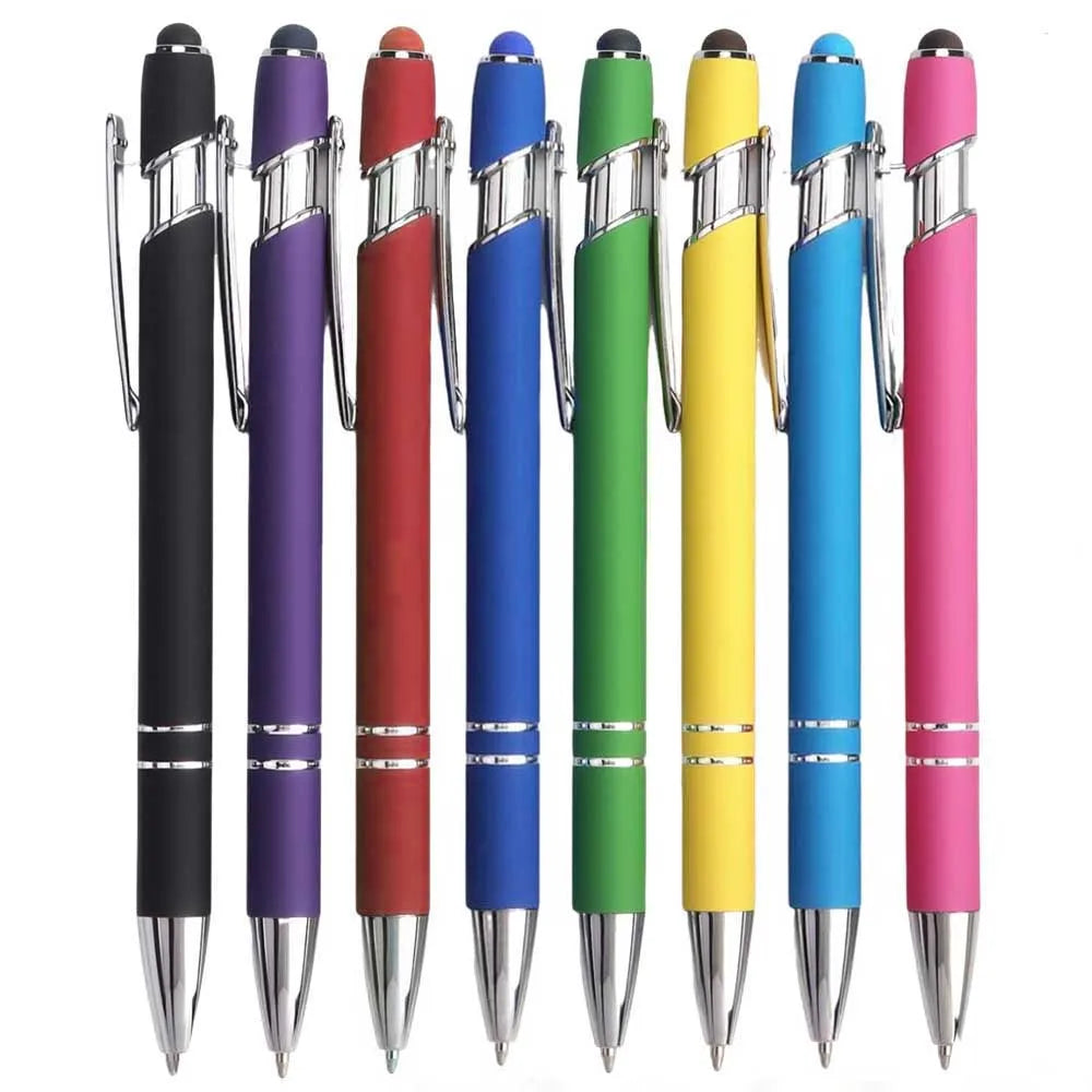 A row of black and colored metal stylus pens with ballpoint ink shown vertically.