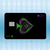 A black card featuring a purple and green holographic design with a four-leaf clover symbol.