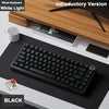 A black AJAZZ AK820 mechanical keyboard is shown on a wooden desk next to an introductory version and a white mug.