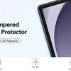 A premium tempered glass screen protector is shown on a tablet display, highlighting features like easy installation, ultra-t