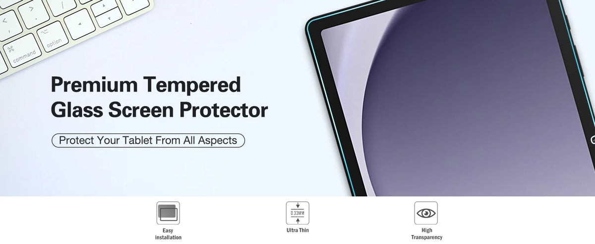 A premium tempered glass screen protector is shown on a tablet display, highlighting features like easy installation, ultra-t