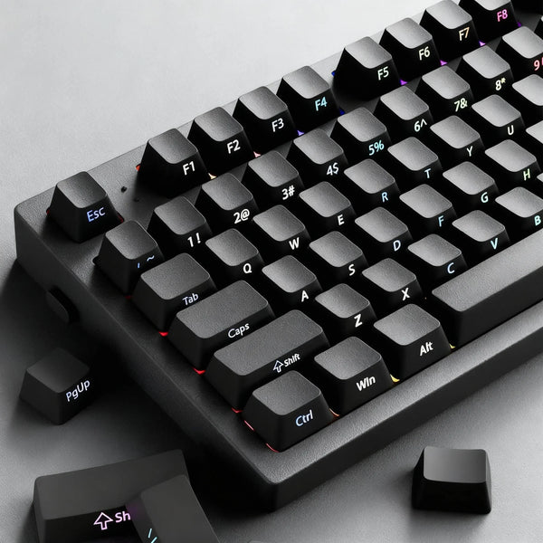 A close-up view of black PBT double-shot cherry profile keycaps for a mechanical keyboard.