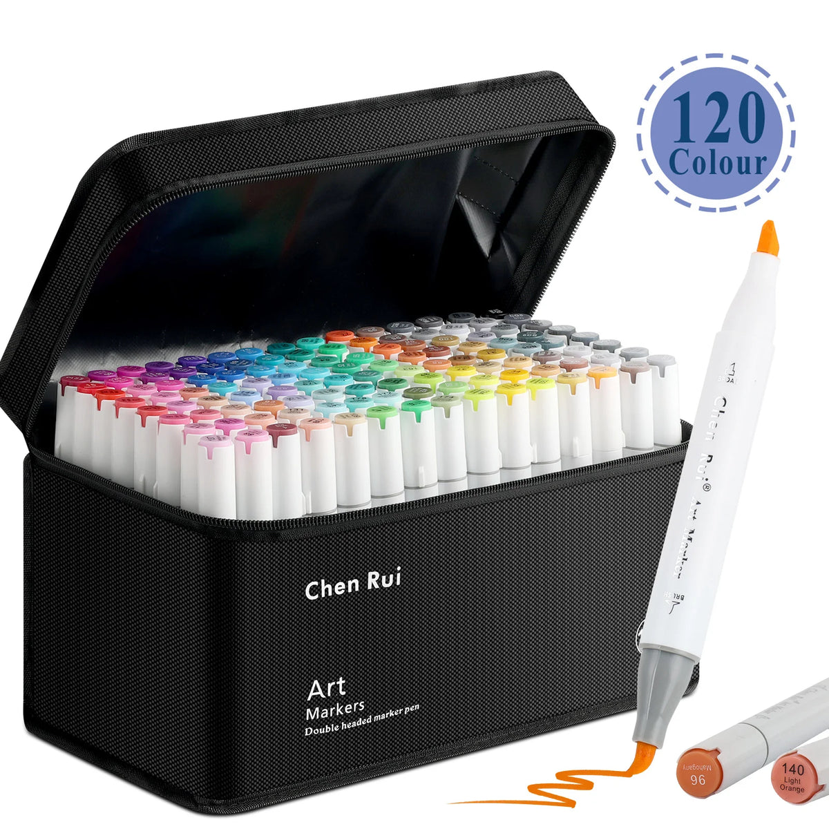 A set of 120 color art markers in a black case with a white dual-tipped marker shown next to it.