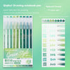 A set of green drawing notebook pens and pencils for painting and lettering, displayed with a grid paper.