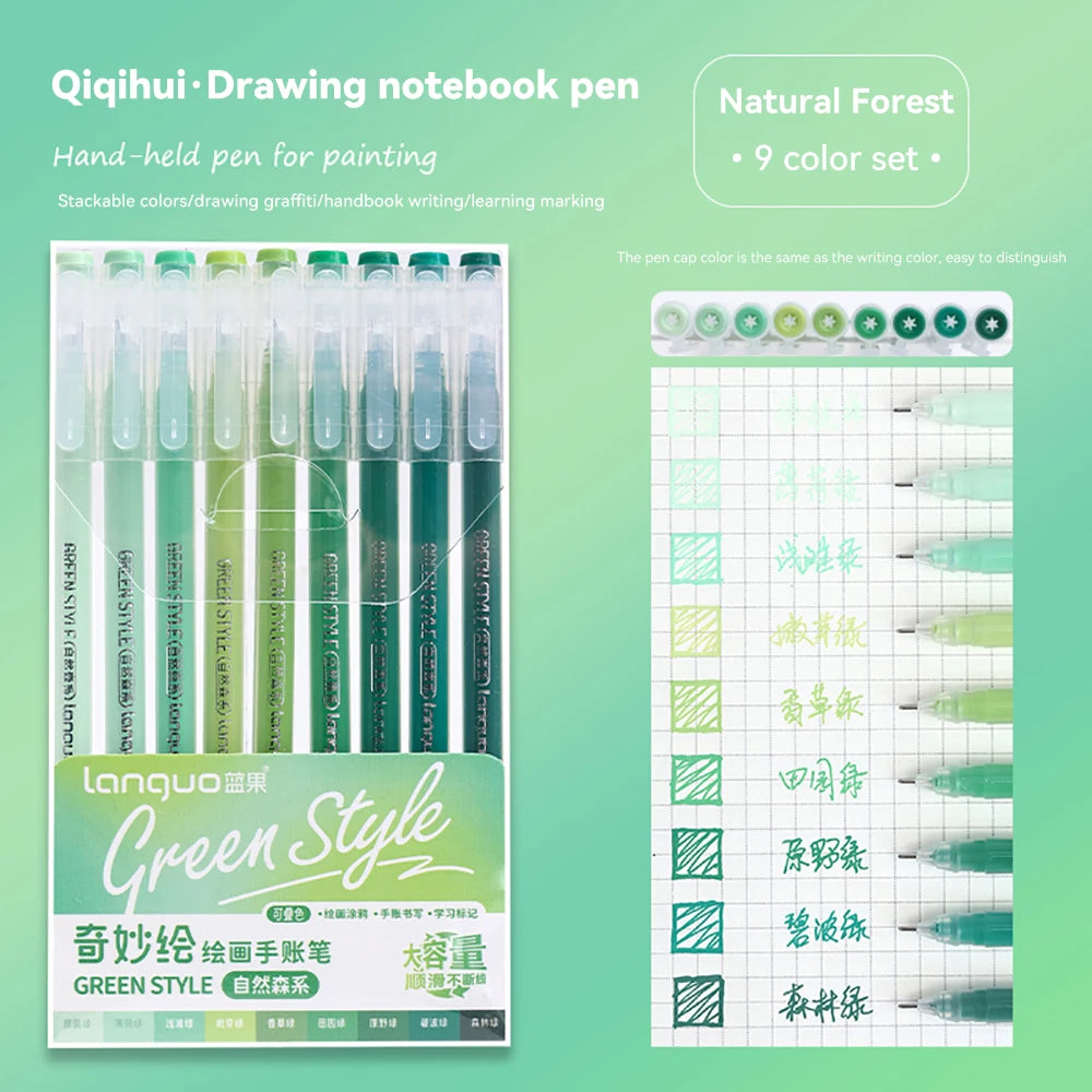 A set of green drawing notebook pens and pencils for painting and lettering, displayed with a grid paper.