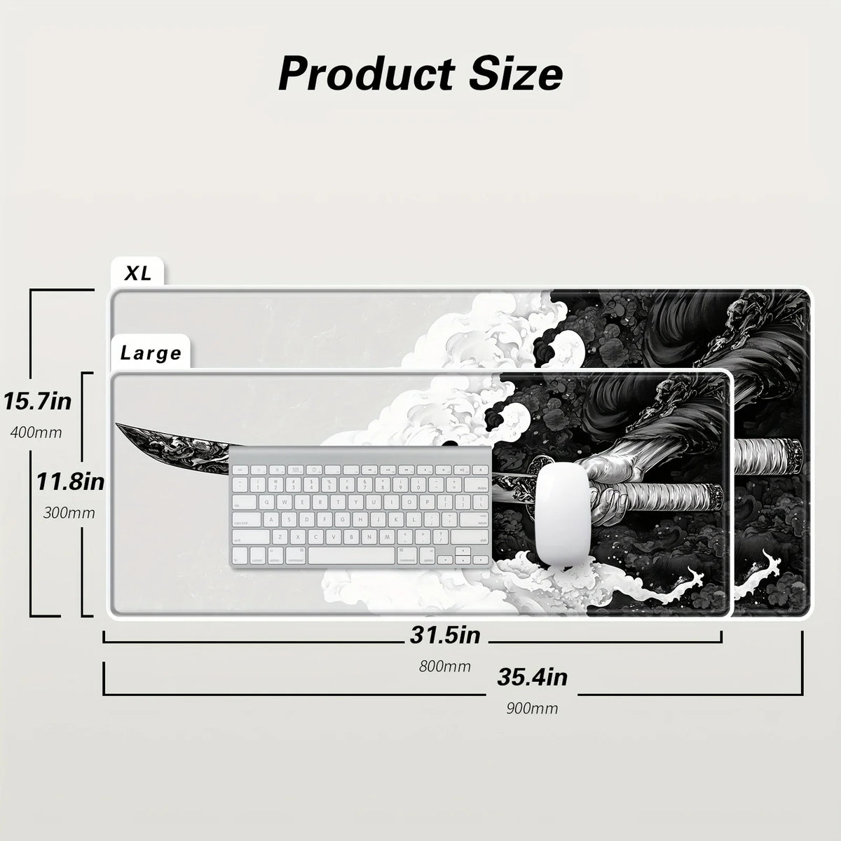 A large gaming mouse pad featuring a samurai design, shown with dimensions and a white mouse.