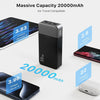 A black 20000mAh power bank with an LED display is shown next to various devices, demonstrating charging capacity.