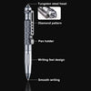 A tactical aluminum pen showing its tungsten steel head, diamond pattern, pen holder, writing feel design, and smooth writing