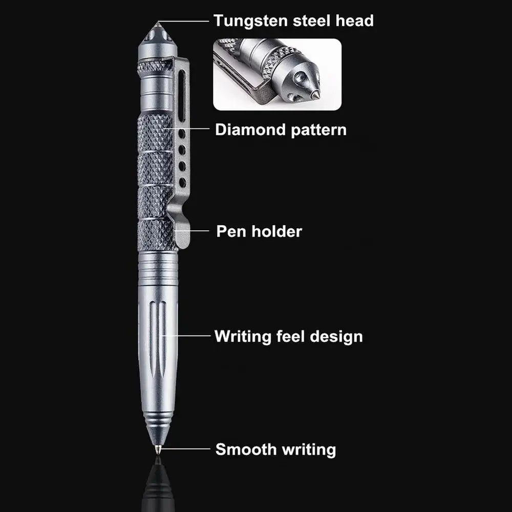 A tactical aluminum pen showing its tungsten steel head, diamond pattern, pen holder, writing feel design, and smooth writing