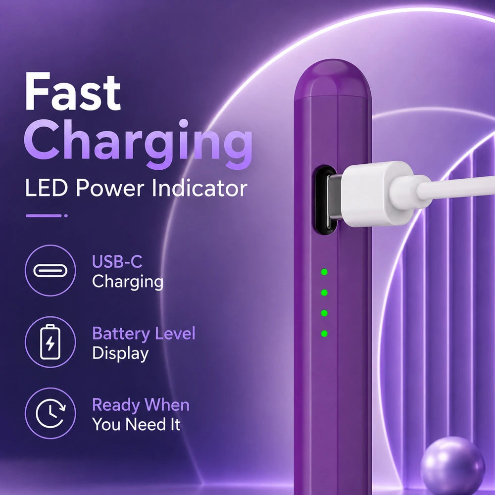 A purple LED power indicator charging device is shown next to a white connector, highlighting fast charging features.