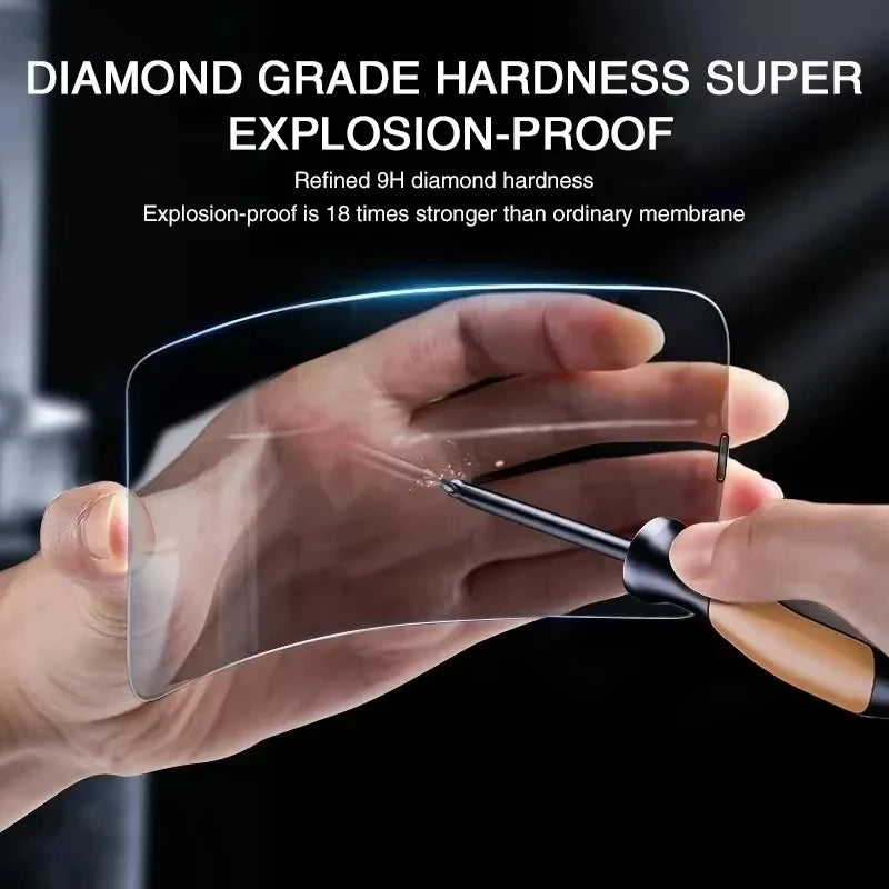 A hand is applying a diamond grade hardness screen protector to a phone screen.