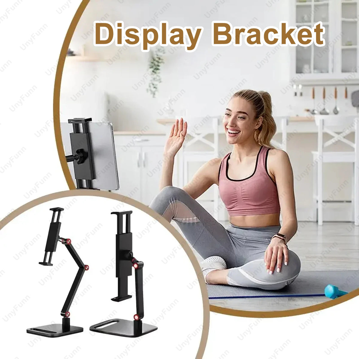 A woman is using a display bracket monitor stand for ergonomic viewing.