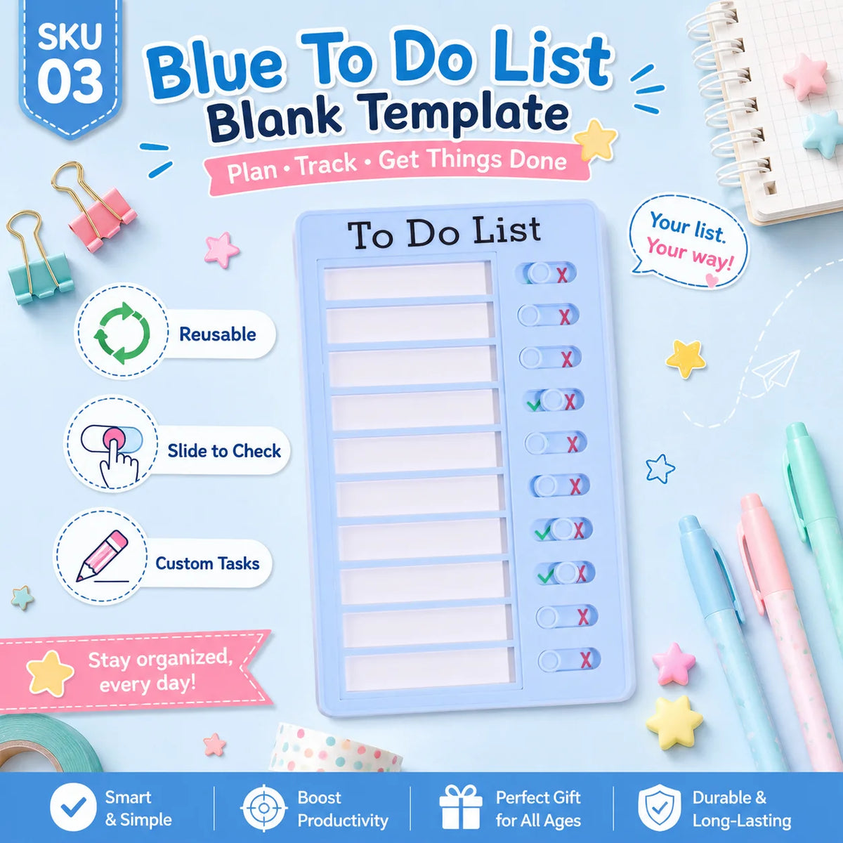 Blue to Do List blank template featuring reusable sliding checklists for planning and tracking tasks
