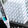 A close-up view of a large pack of white permanent paint marker pens with blue accents, showing the tip writing on black pape