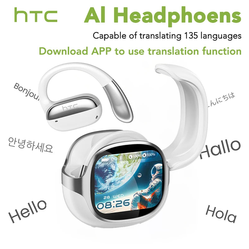 White HTC AI Headphones shown with a display showing time and translation options.