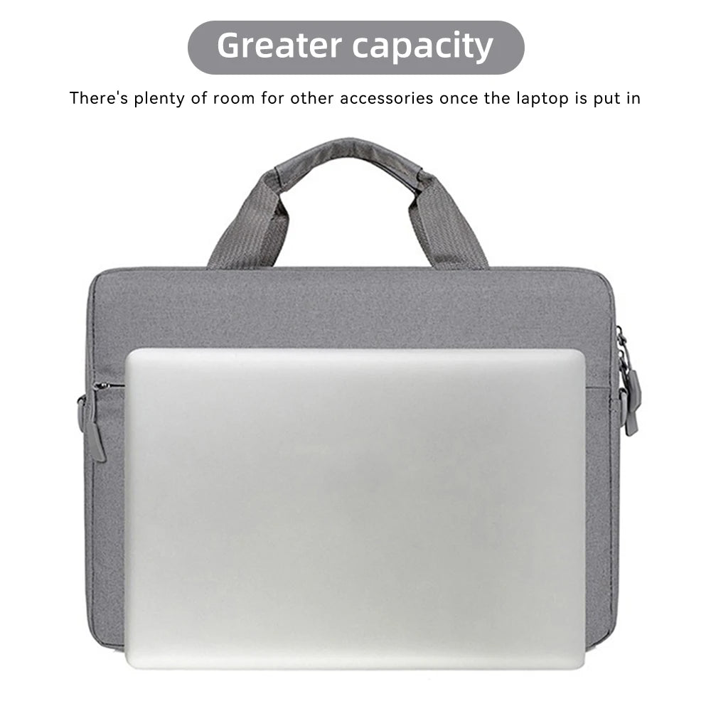 A gray laptop sleeve with a padded strap is shown, designed to hold a laptop.