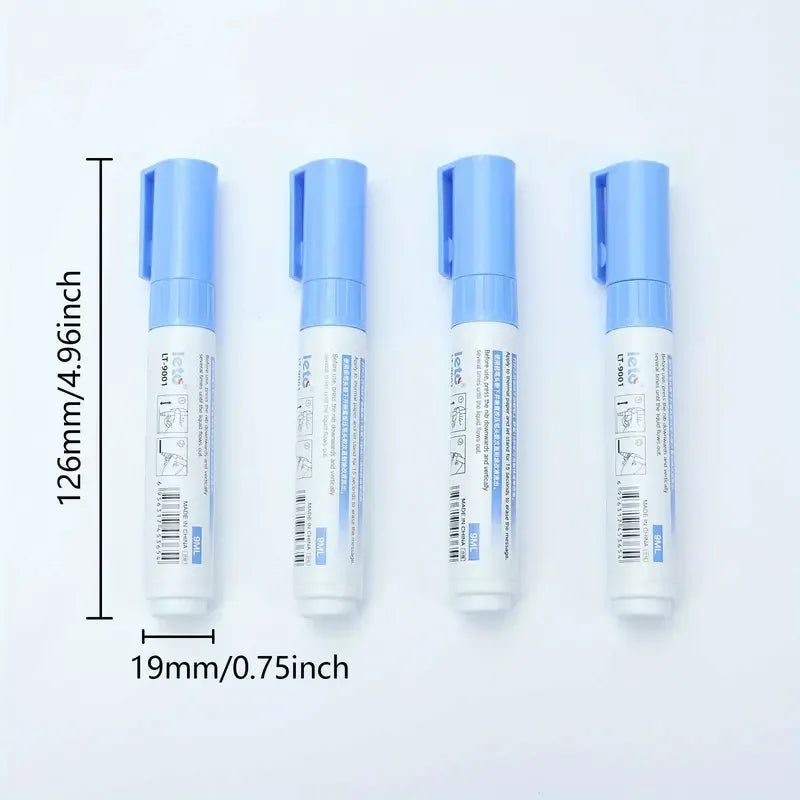 A pack of four light blue thermal paper erasers, shown vertically with measurements.