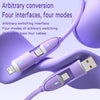 A purple charging cable with four interchangeable interfaces and four modes shown against a light purple background.