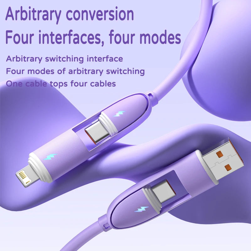 A purple charging cable with four interchangeable interfaces and four modes shown against a light purple background.