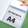 A hand is opening an A4 clear display document folder showing twenty pockets.