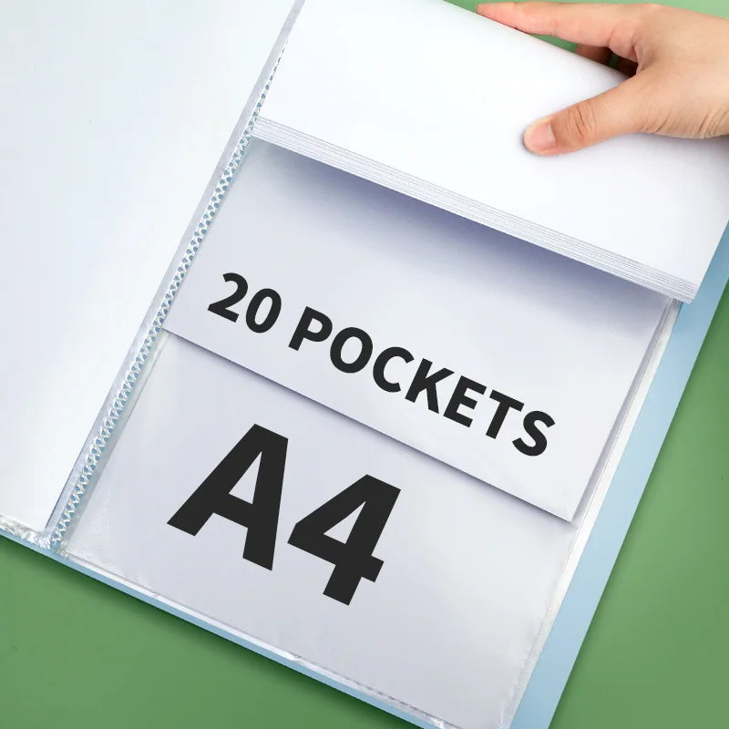 A hand is opening an A4 clear display document folder showing twenty pockets.