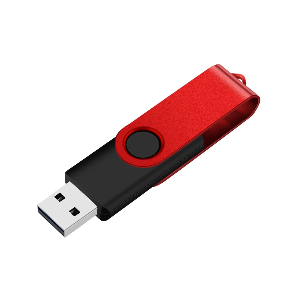 A red and black rotatable USB flash drive with a metal connector.