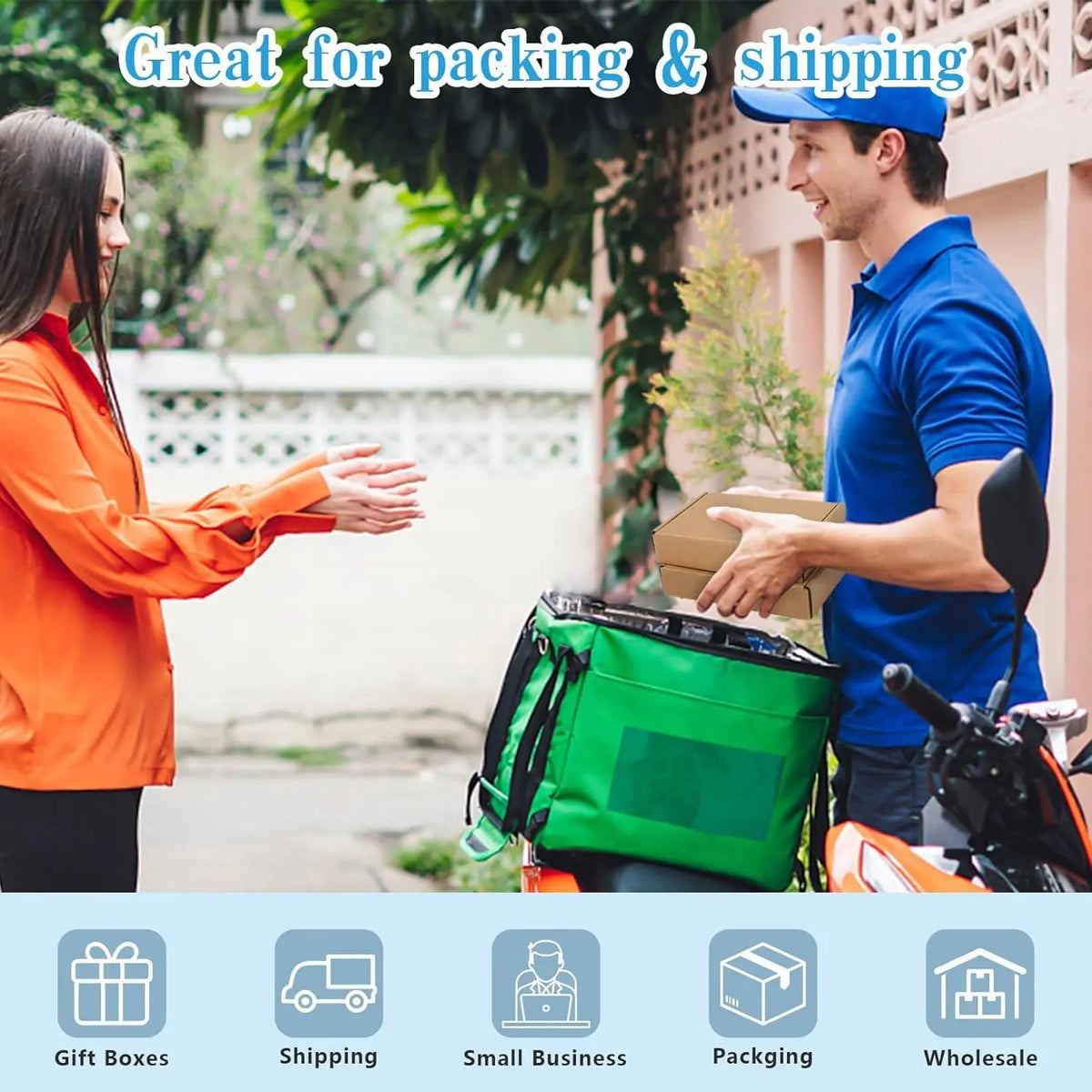 A man and a woman are shown packing and shipping products using eco-friendly kraft gift boxes in an outdoor setting.
