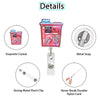 Details of an anime large intestine badge reel featuring exquisite crystal, a metal snap, a strong metal pinch clip, and a du
