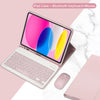 A pink iPad case shown open, displaying a colorful background, with a detachable Bluetooth keyboard and mouse nearby.