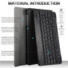 A black keyboard case for an iPad, showing various material features like composite fiber lining and PU leather.