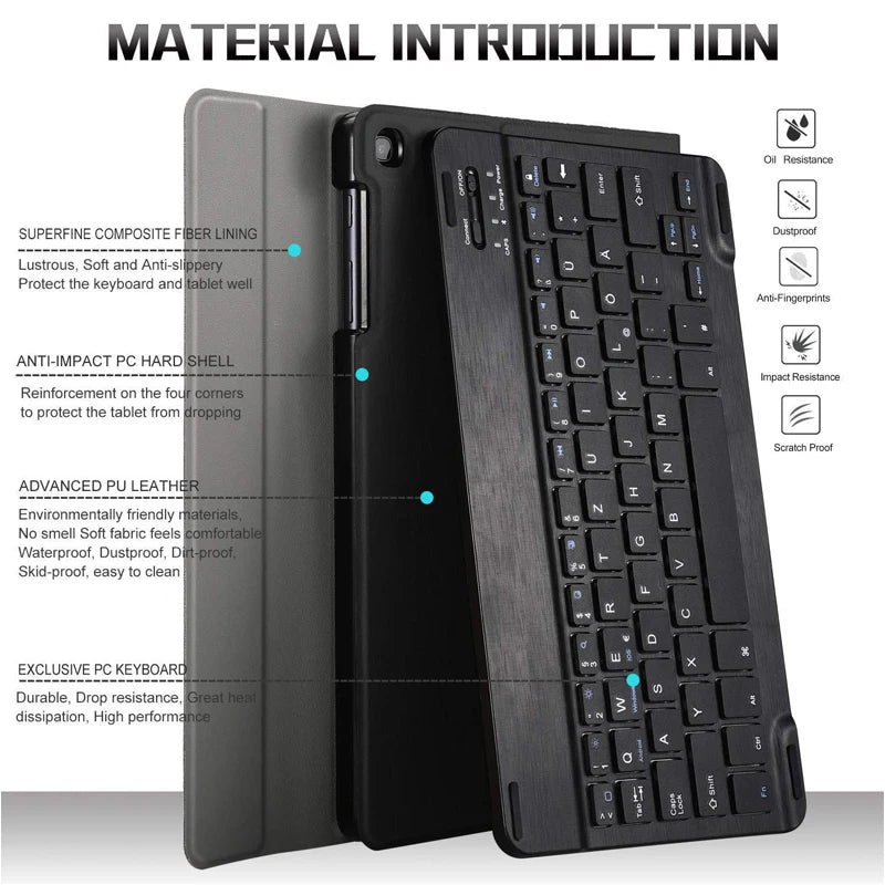 A black keyboard case for an iPad, showing various material features like composite fiber lining and PU leather.