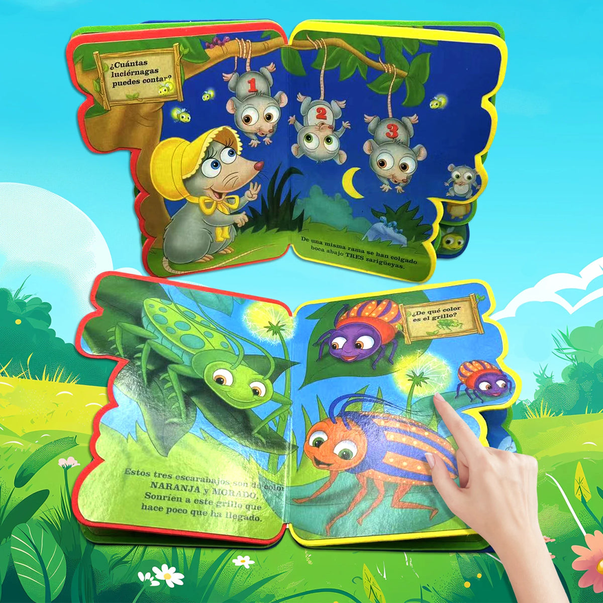 Kinderlehrbuch mit Illustrationen von Tieren und spanischen Wörtern wie Cuentas und grillos.