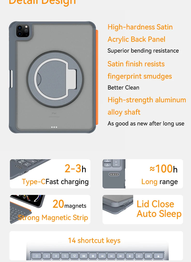 A gray silicone keyboard case with a rotating design and features like a satin finish and magnetic strip.