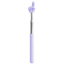 A purple retractable teacher pointer stick with a hand shape on the top.