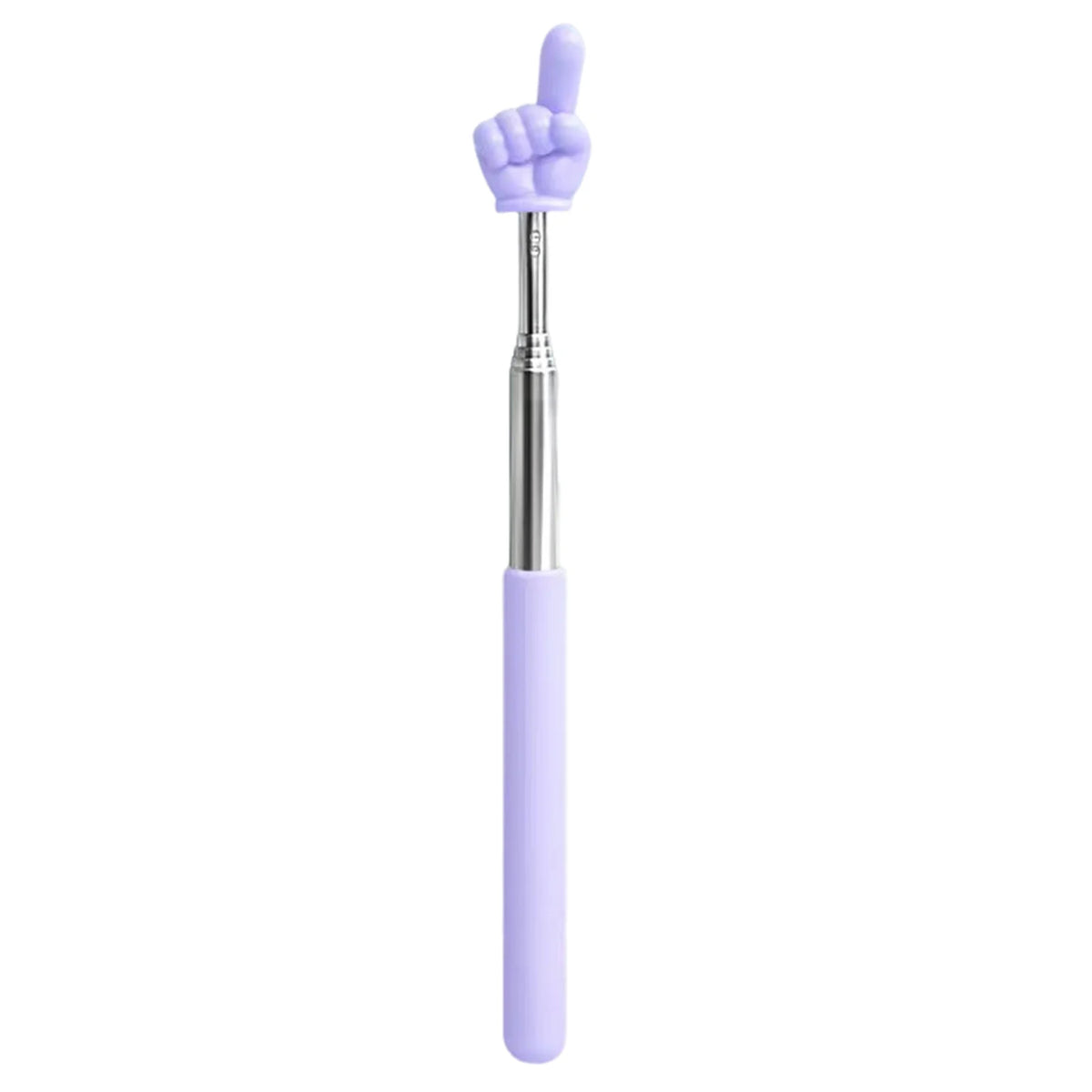 A purple retractable teacher pointer stick with a hand shape on the top.