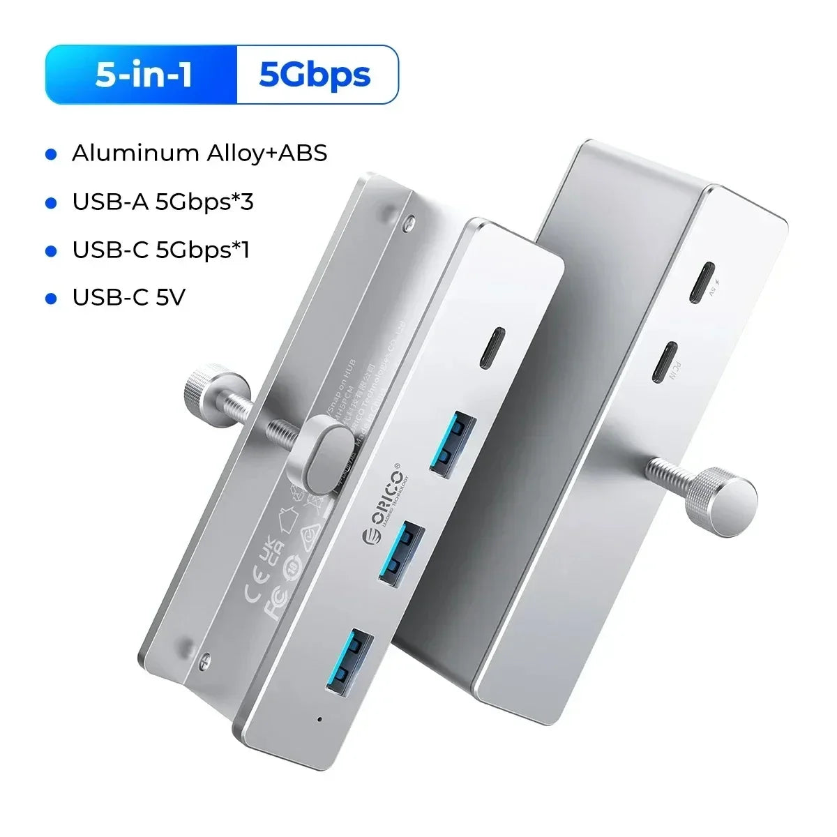 A silver multi-port USB hub featuring aluminum alloy and ABS construction with multiple USB ports.
