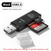 Black USB 2.0 adapter for reading SD and TF memory cards, shown next to a memory card.