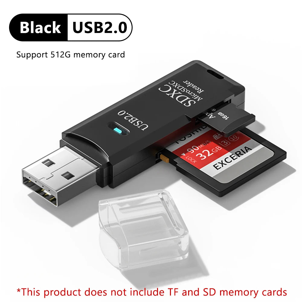Black USB 2.0 adapter for reading SD and TF memory cards, shown next to a memory card.