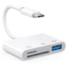 Adaptador universal USB-C a tarjeta SD blanco con cable flexible.