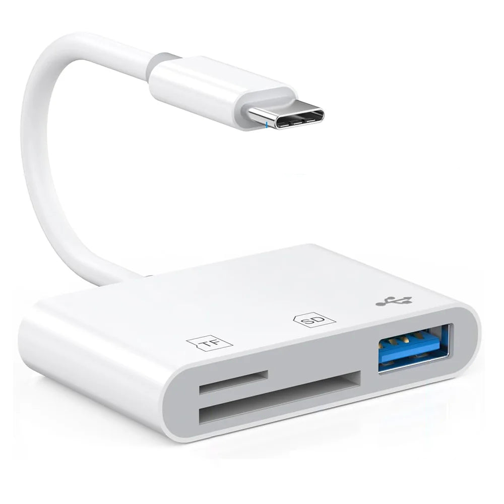 Adaptador universal USB-C a tarjeta SD blanco con cable flexible.