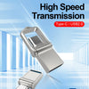 A silver flash drive with a metal clip is shown against a blue background, highlighting its high-speed transmission capabilit