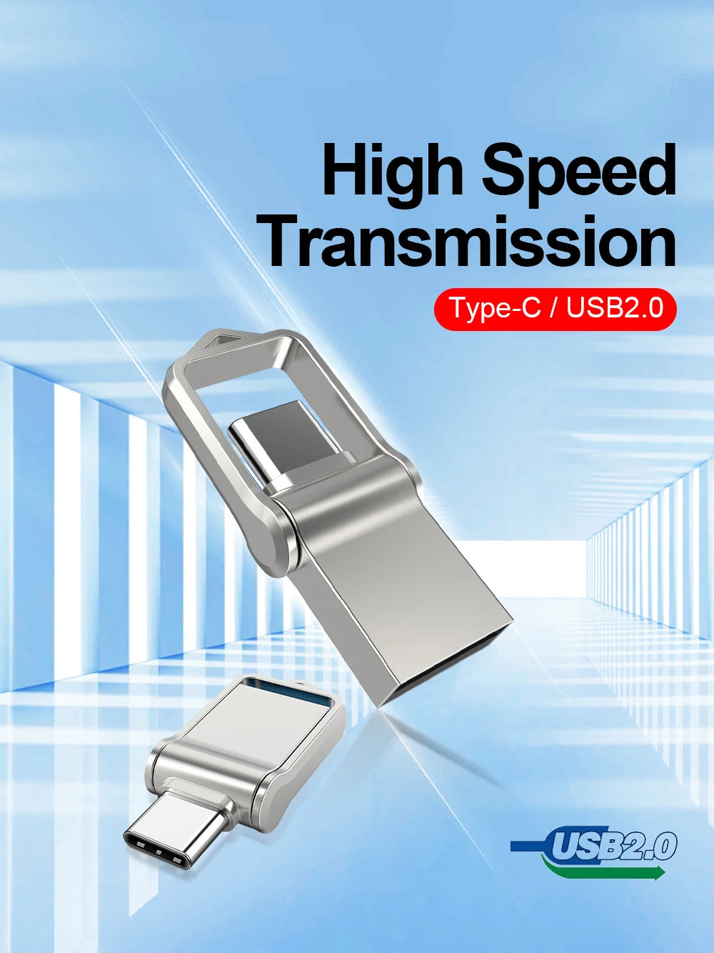 A silver flash drive with a metal clip is shown against a blue background, highlighting its high-speed transmission capabilit