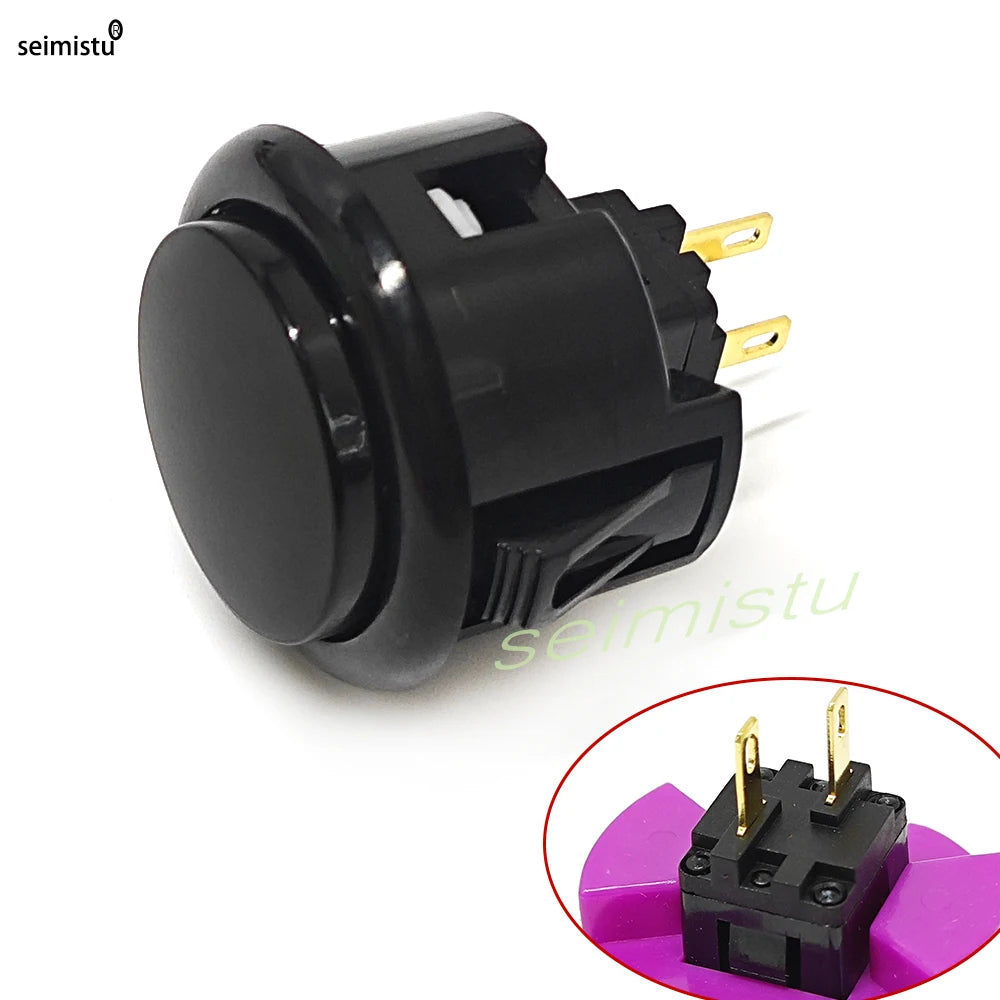 A black arcade push button with a micro switch and gold contacts is shown on a white background.