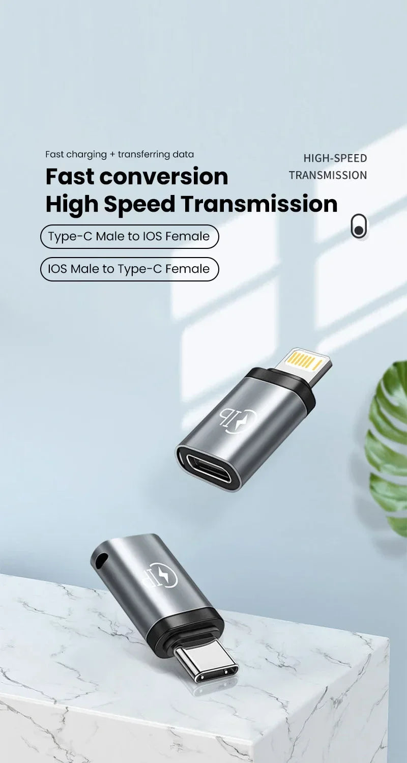 Schwarzer Adapter zum schnellen Laden und Datenübertragung zwischen Type-C und iOS-Geräten.